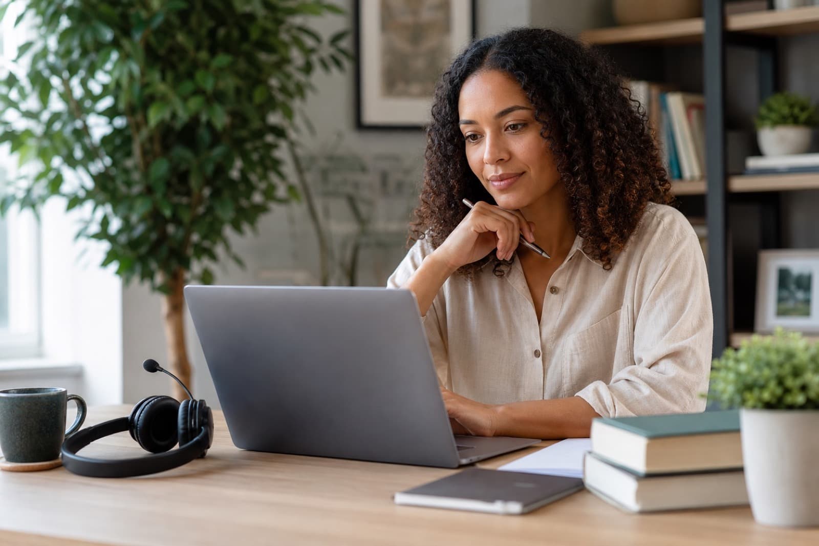 Interpreter focused on a live session with professional headset at a clean workspace
