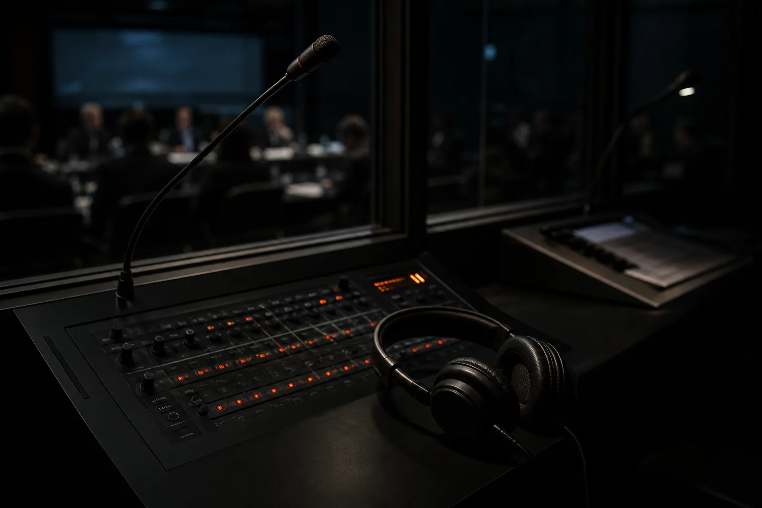 Interpreter at a desk, mid-session on a video remote interpretation call
